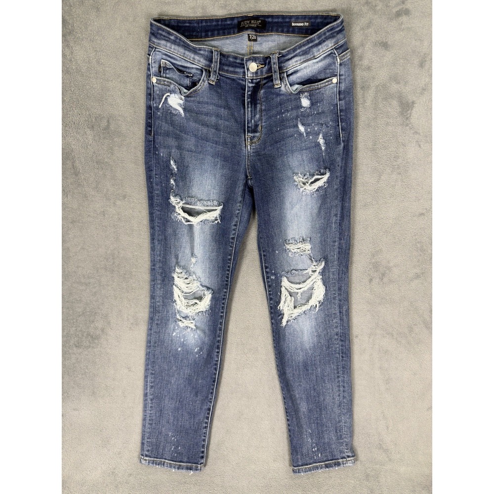 Judy Blue Jeans Womens 7/28 Blue Mid‎ Rise Boyfriend Fit Distressed Stretch